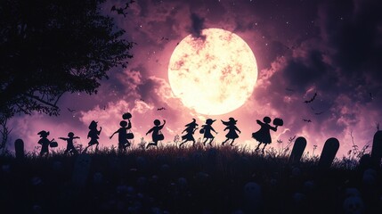 A graveyard scene with a silhouette of tombstones under a full moon as a group of children dressed as witches and skeletons run across the field with their treat bags bouncing
