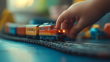 Hand Holding a Toy Train: A hand guiding a toy train along its track, with a soft-focus background...