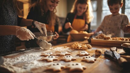 A cozy kitchen setting with diverse family members baking Halloween-themed cookies shaped like bats and skulls, with flour dusting the counter and warm light from a window
