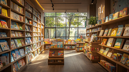 Bright and cozy children's bookstore with organized wooden shelves, colorful books, and warm sunlight through large windows, peaceful and inviting reading space, bookshop interior design.