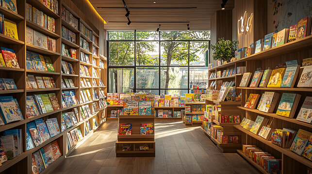 Bright and cozy children's bookstore with organized wooden shelves, colorful books, and warm sunlight through large windows, peaceful and inviting reading space, bookshop interior design.
