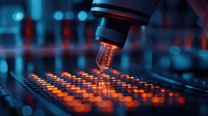 21. DNA sequencing machine at work in a sterile lab, glowing with digital data streams