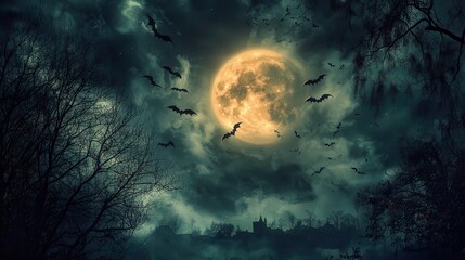 Fototapeta premium A dramatic Halloween night sky filled with bats swooping across a full moon, with thick, swirling clouds casting shadows over a distant, haunted village