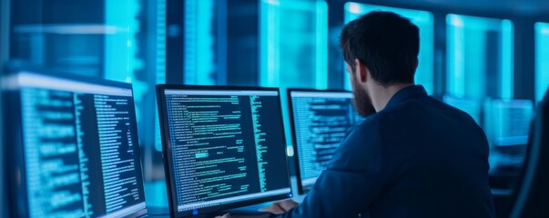 Fototapeta premium Digital database tools, programmer refining, advanced tech office, blue neon