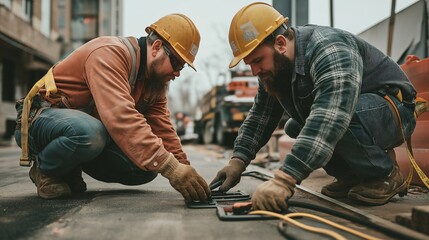 Construction Workers Installing Wireless Charging Systems on Road