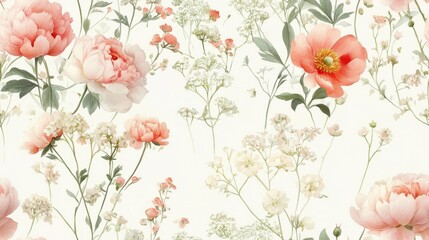Seamless floral wallpaper with light watercolor, alternating peonies and Queen Anne's lace