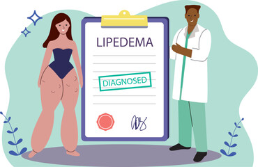 Lipedema concept illustration. Male medical doctor and fat female patient