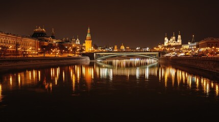Fototapeta premium The brightly lit Moscow River with bridges and historic buildings reflected at night.