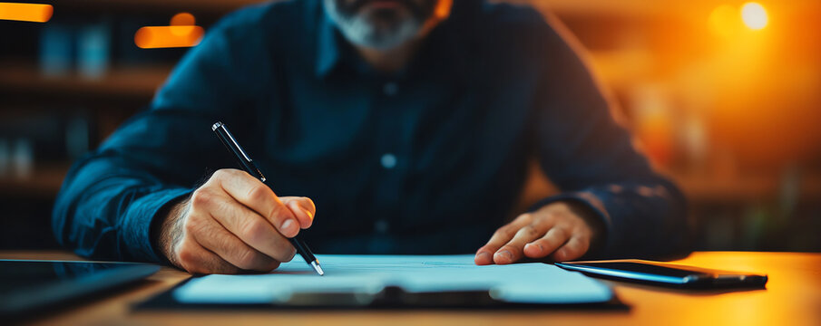 A close-up of a person writing on paper with a pen, capturing focus and creativity in a warm, ambient setting.
