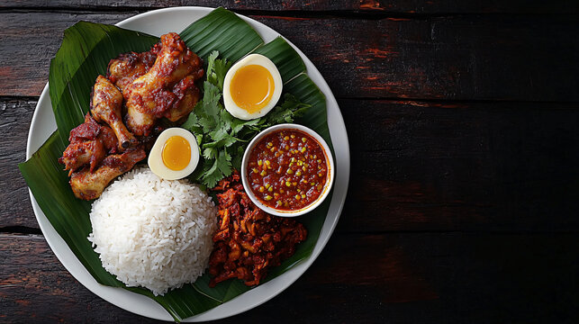 Plate of malaysian nasi lemak dish with fried chicken, sambal sauce, cucumber, egg, and rice resting on a banana leaf