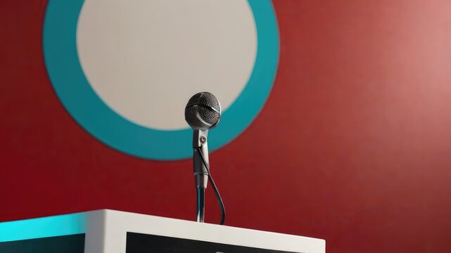A sleek white podium with a microphone set against a vibrant background of red turquoise and beig 