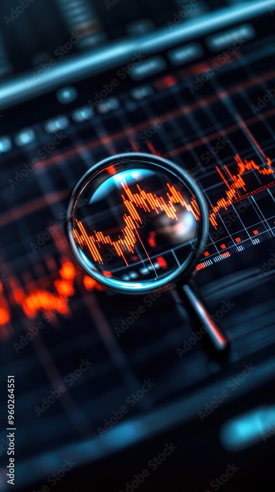 Wall mural magnifying glass over a stock market graph on a digital screen, symbolizing detailed analysis of cre