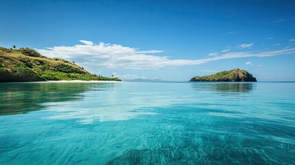 Fototapeta premium The calm waters of the Mamanuca Islands reflecting the clear blue sky.