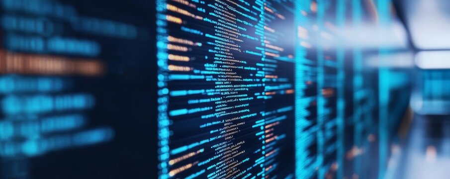 Holographic database coding, digital screens, modern tech lab, blue tones