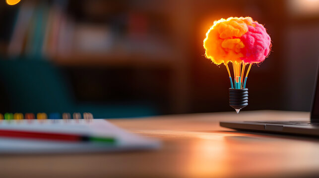 A creative concept illustrating ideas and innovation with a light bulb and colorful brain on a desk near a laptop.
