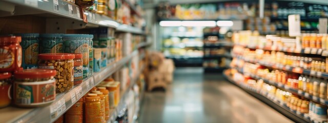 Wide-angle view of grocery store aisle with shelves stocked with goods