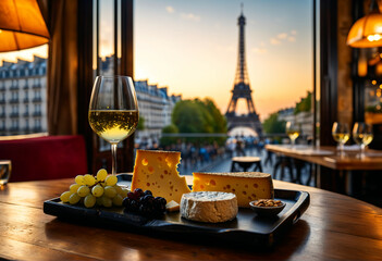 a French restaurant in Paris serves a cheese board and white wine