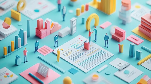 19. A 3D Paper Cut Art Illustration Of A Business Plan Collaboration, Showing Multiple Paper Cut Figures Working Together With Documents And Charts On A Solid Background