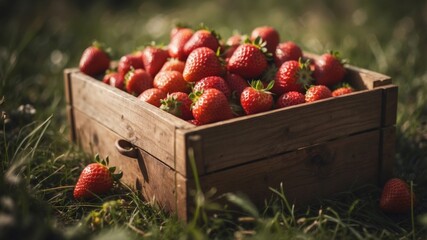 ripe strawberries in wooden box lying in the grass.