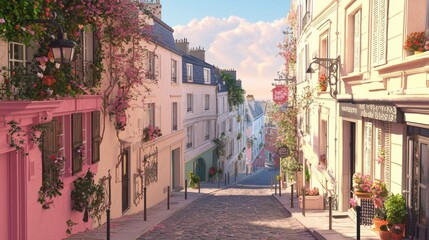 Obraz premium Picturesque Street with Colorful Floral Decor in Charming European Town