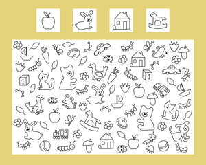 Find an object or animal game. Educational game for attention. Printable sheet.