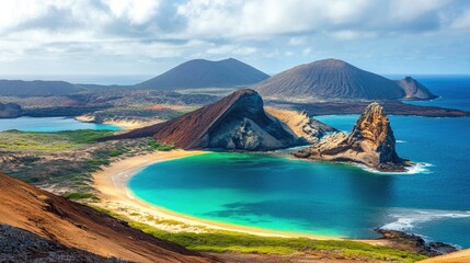 Naklejka premium The famous Pinnacle Rock at Bartolome Island, with turquoise waters and sandy beaches in the foreground.