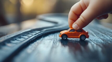 Fototapeta premium Hand Holding a Toy Car: A hand rolling a toy car along a track, with a close-up focus on the car and the hand’s movement. 