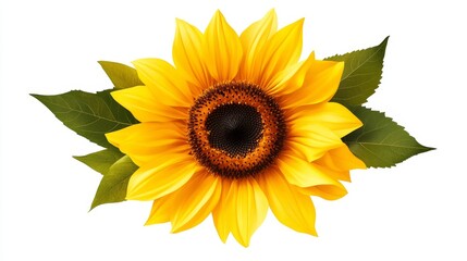 Fototapeta premium A fully bloomed sunflower with bright yellow petals, centered and isolated on a smooth white canvas, each petal carefully rendered, Vector Art, Clean Lines, Crisp Detail.