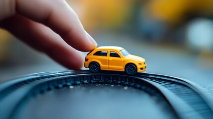 Hand Holding a Toy Car: A hand rolling a toy car along a track, with a close-up focus on the car and the hand&rsquo;s movement. 