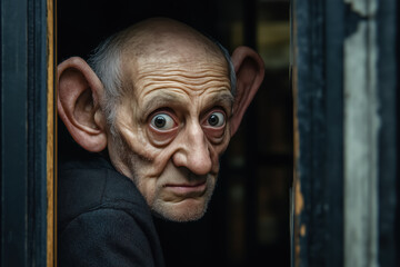 Funny image of a nosy neighbor - curios old man with very big ears listening and peeping in hallway, copy space on open door