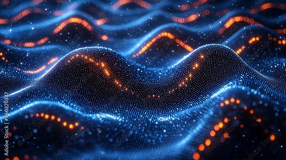 Poster abstract digital waves of glowing particles creating a mesmerizing pattern against a dark background