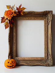 An ornate empty frame surrounded by Thanksgiving-themed decorations like pumpkins and autumn leaves.