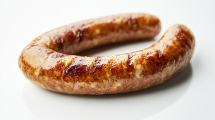Grilled sausage resting on a white surface with a golden-brown crust, highlighting its juicy texture and rich flavor
