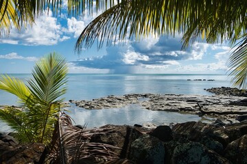 Samoa island beach scene with palm leaves and impressive clouds in the background. Tropical island...
