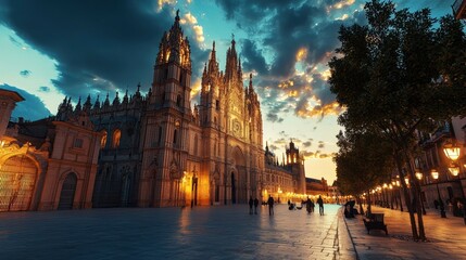 Fototapeta premium Majestic Gothic Cathedral Under Dramatic Sunset Sky in Historic European City