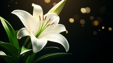 A single white lily flower, its petals glowing with soft light, floating in a sea of black, photorealistic, serene and elegant, ideal for purity-focused content, high resolution.
