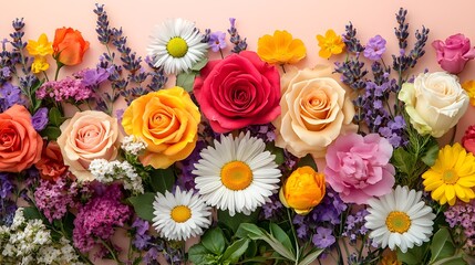 Overhead shot of vibrant roses, daisies, and lavender, arranged in a circular pattern on a soft pastel background, watercolor style, bright and cheerful, perfect for seasonal celebrations.