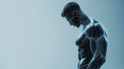 Sport training and fitness program digital representation with athlete figure on plain background