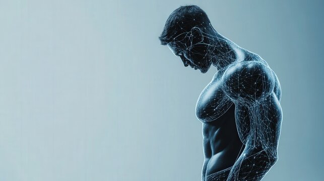 Sport training and fitness program digital representation with athlete figure on plain background