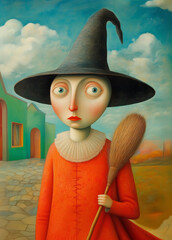 Illustration of a witch holding broom in hand 