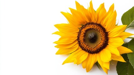 Fototapeta premium A radiant sunflower in full bloom, with bold yellow petals and a rich dark center, isolated on a crisp white background, Realism, High-Resolution Photography.