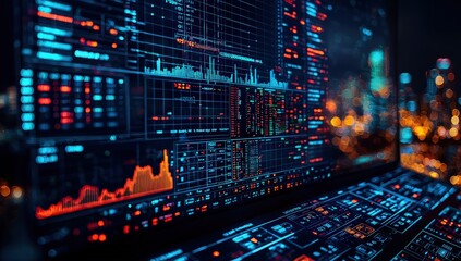 Obraz premium A blue graph of coins and cryptocurrency, set against an illuminated background with dark tones. 