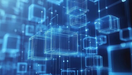 Revolutionary Tokenization: Abstract Blockchain Visualization for Secure Digital Asset Management and Smart Contract Implementation. Futuristic Blue Technological Landscape Showcasing Interconnected N