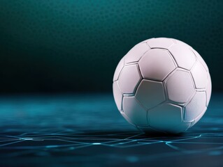 Futuristic soccer ball, smart impact sensors, holographic field map, modern sports gear innovation