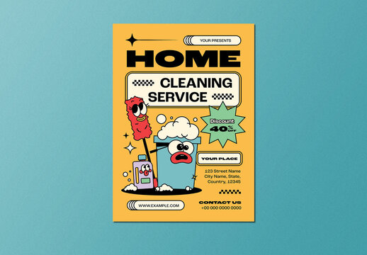 Yellow Bold Retro Cartoon Home Cleaning Service Flyer Layout