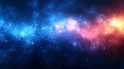 Naklejka premium A vibrant cosmic landscape featuring swirling blue, pink, and red hues with scattered stars in a dark expanse of space during the night