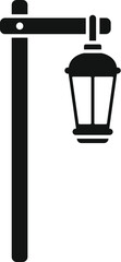 Simple vector icon of a street lamp hanging on a wooden post, creating a classic and charming ambiance