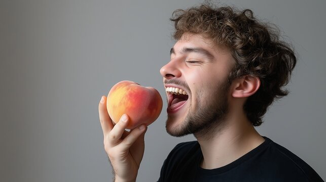 A late-30s Caucasian man laughing while taking a big bite of a ripe peach against a light gray background, with space for text on the right - Powered by Adobe