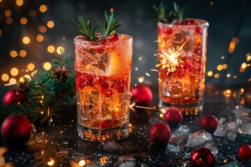 Two glasses of sparkling orange cocktails with sparklers, creating a festive and celebratory atmosphere.
