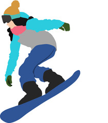 Fototapeta premium 冬の雪山でスノボーする女性のイラスト